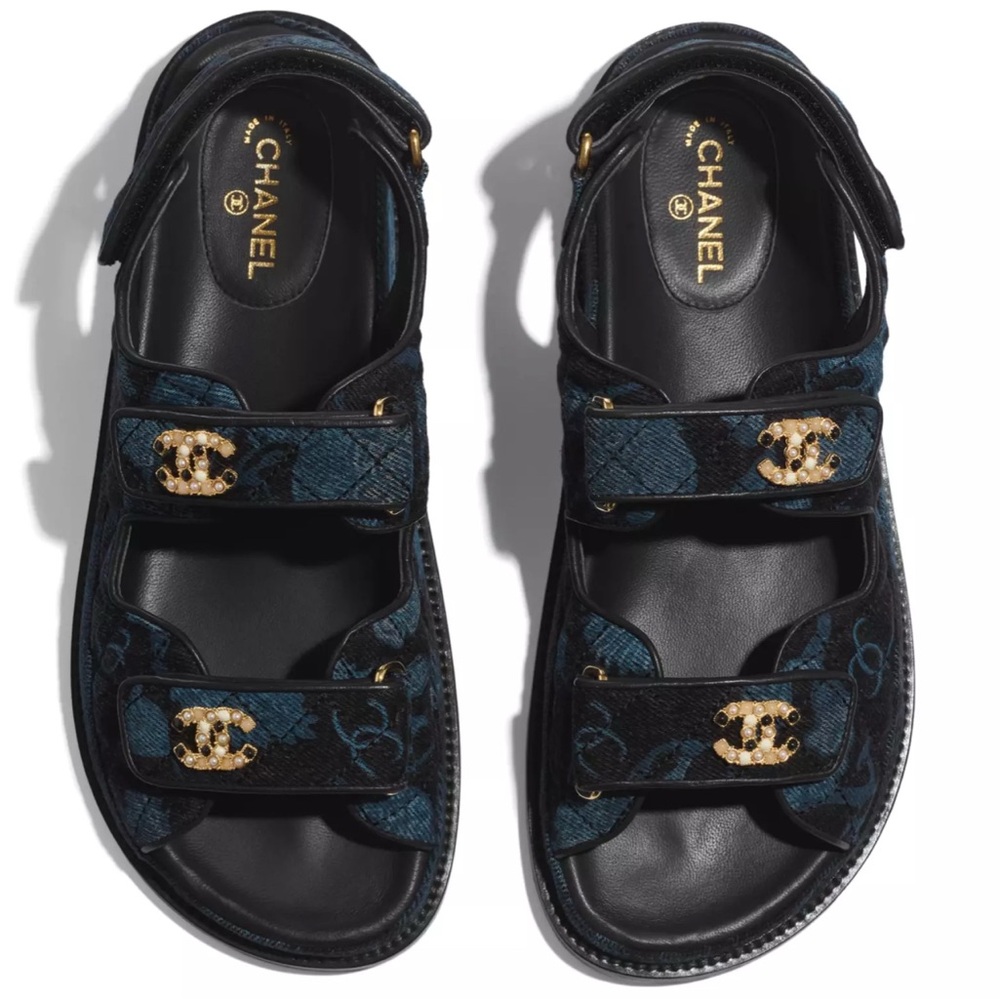 CHANEL Black & Denim CC Logo Mule Slide Strap Flat Sandals